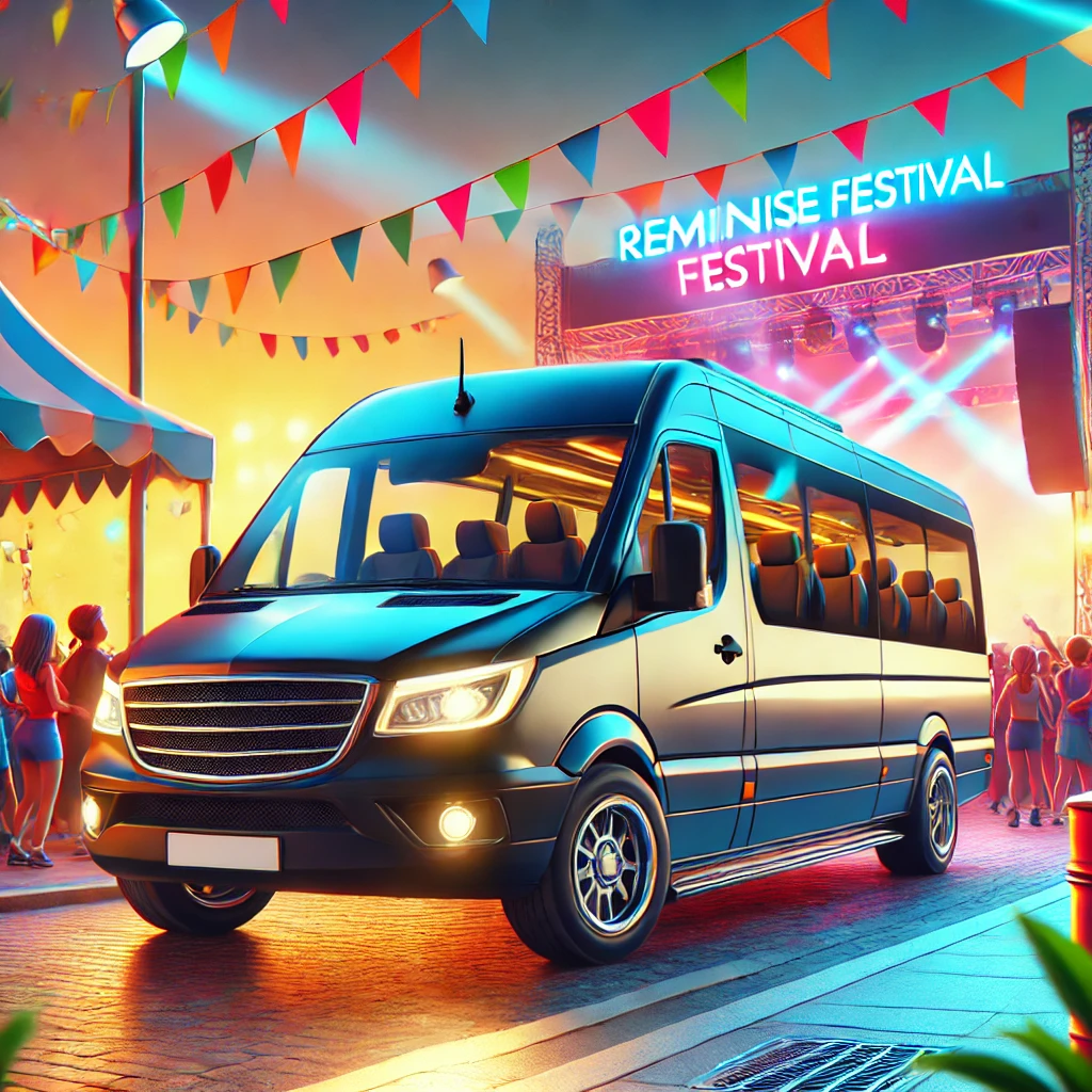 A sleek, modern minibus parked near the entrance of a lively music festival, with colorful banners, lights, and excited festival-goers in the background, highlighting the convenience of hiring a minibus for the event.